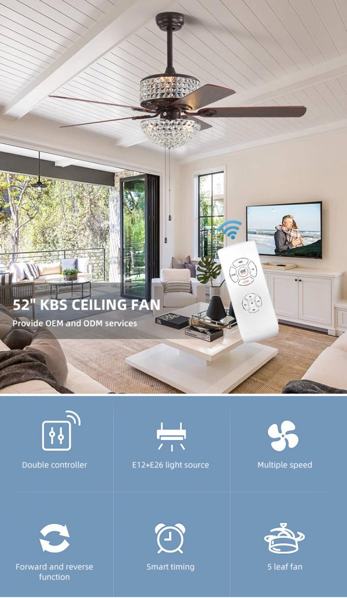 Großhandelsfernsteuerungs5 Blatt-Kristall-moderner Schlafzimmer-Decken-Leuchter Zhongshans mit Ventilator